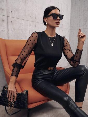 Kadın Uzun Kollu Bisiklet Yaka Kollar Puantiyeli Tül Detaylı Sandy Bluz - 2