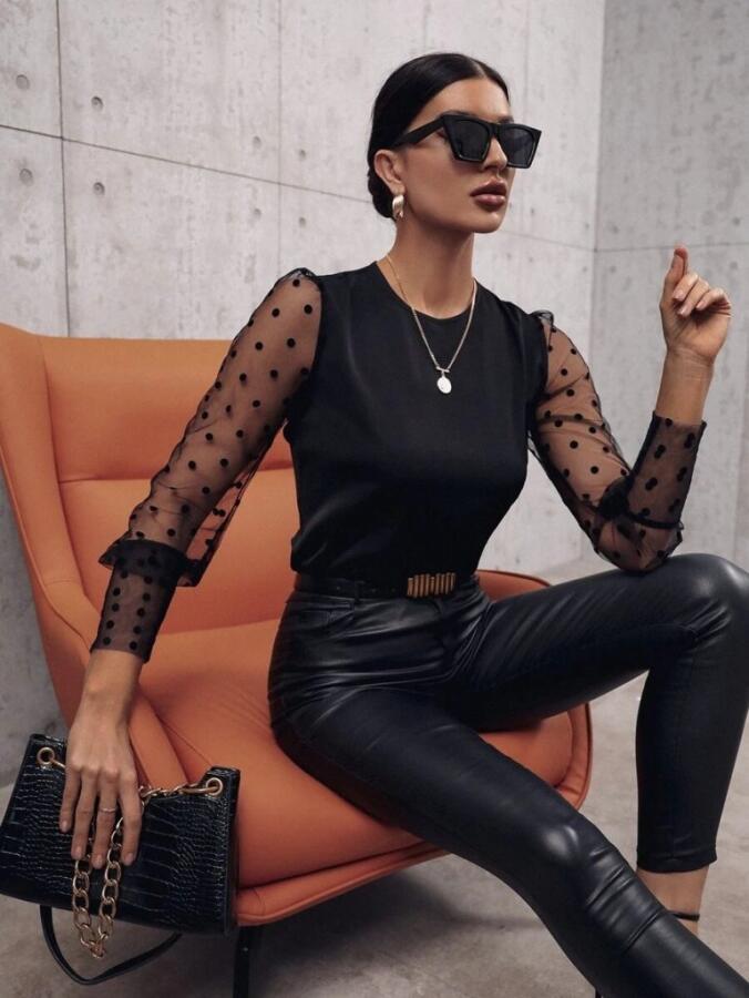 Kadın Uzun Kollu Bisiklet Yaka Kollar Puantiyeli Tül Detaylı Sandy Bluz - 2