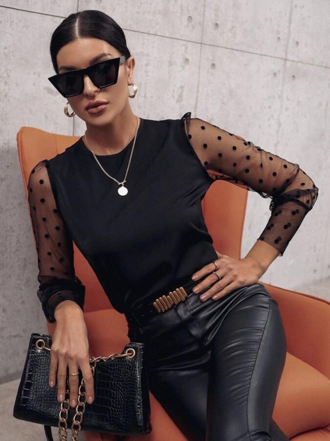 Kadın Uzun Kollu Bisiklet Yaka Kollar Puantiyeli Tül Detaylı Sandy Bluz - 5