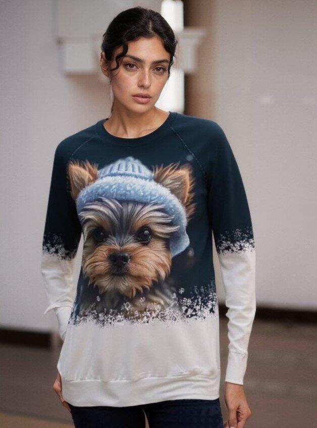 Kadın Uzun Kollu Bisiklet Yaka Köpek Baskılı şardonlu Dalgıç Bluz - 1