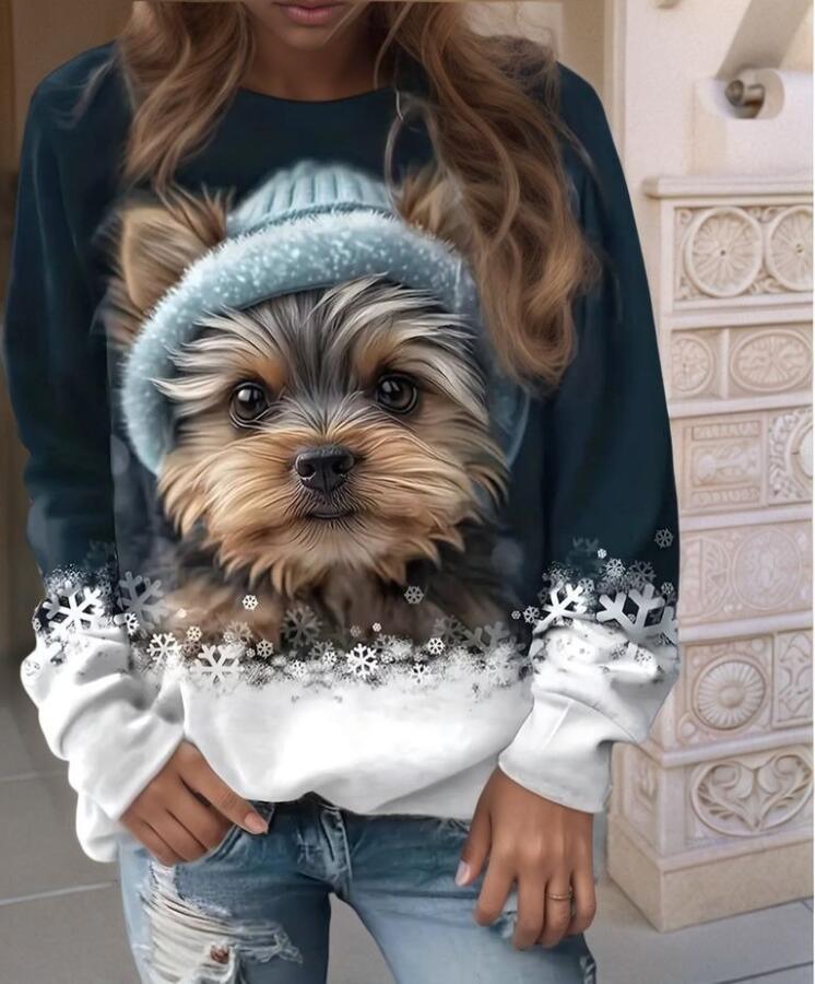 Kadın Uzun Kollu Bisiklet Yaka Köpek Baskılı şardonlu Dalgıç Bluz - 2