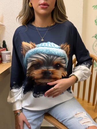 Kadın Uzun Kollu Bisiklet Yaka Köpek Baskılı şardonlu Dalgıç Bluz - 1