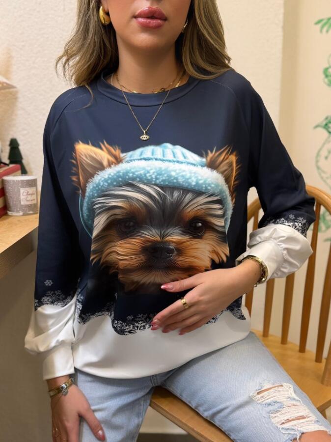 Kadın Uzun Kollu Bisiklet Yaka Köpek Baskılı şardonlu Dalgıç Bluz - 1