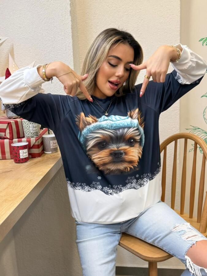 Kadın Uzun Kollu Bisiklet Yaka Köpek Baskılı şardonlu Dalgıç Bluz - 3