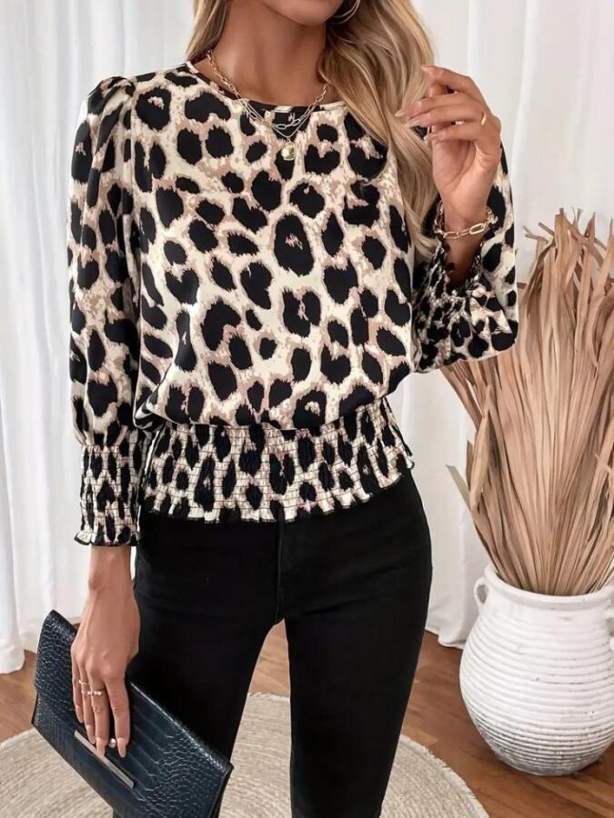 Kadın Uzun Kollu Bisiklet Yaka Leopar Desenli Modal Bluz - 1