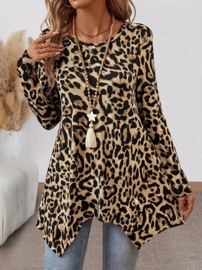 Kadın Uzun Kollu Bisiklet Yaka Leopar Desenli Süprem Bluz - 1