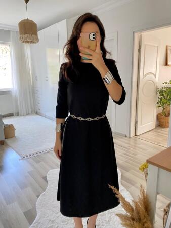 Kadın Uzun Kollu Bisiklet Yaka Midi Ithal Krep Elbise - ANGELINO BuyukBedeniz