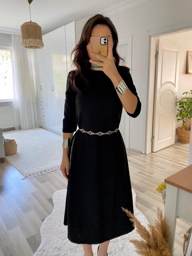 Kadın Uzun Kollu Bisiklet Yaka Midi Ithal Krep Elbise - 1