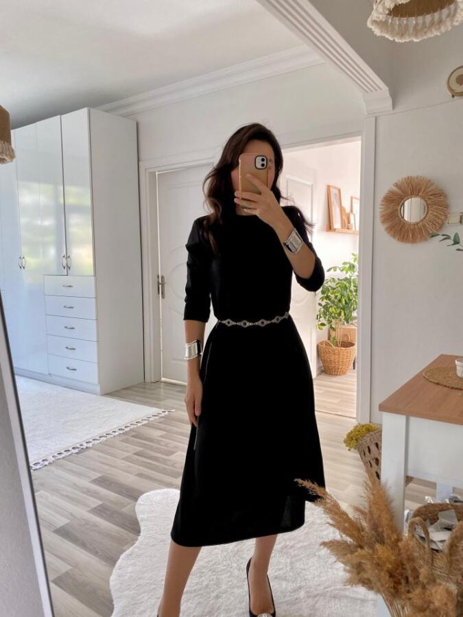 Kadın Uzun Kollu Bisiklet Yaka Midi Ithal Krep Elbise - 2