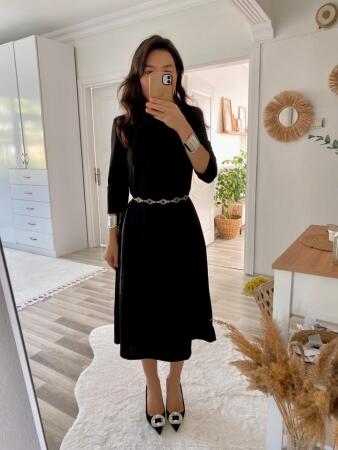 Kadın Uzun Kollu Bisiklet Yaka Midi Ithal Krep Elbise - 3