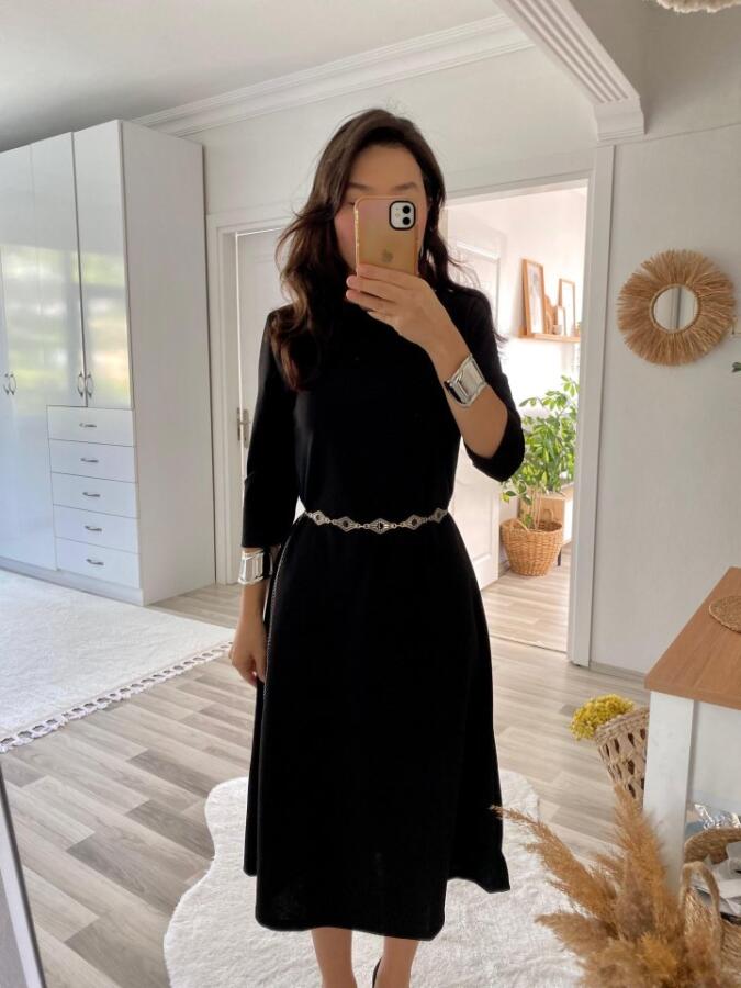 Kadın Uzun Kollu Bisiklet Yaka Midi Ithal Krep Elbise - 4