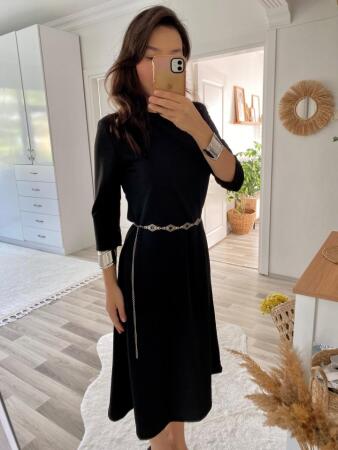 Kadın Uzun Kollu Bisiklet Yaka Midi Ithal Krep Elbise - 5