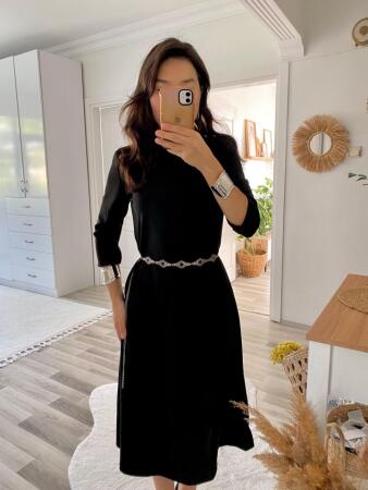 Kadın Uzun Kollu Bisiklet Yaka Midi Ithal Krep Elbise - 6