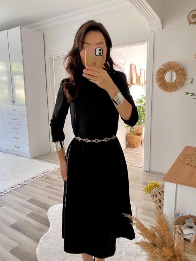 Kadın Uzun Kollu Bisiklet Yaka Midi Ithal Krep Elbise - 6