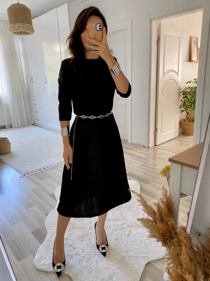 Kadın Uzun Kollu Bisiklet Yaka Midi Ithal Krep Elbise - 7