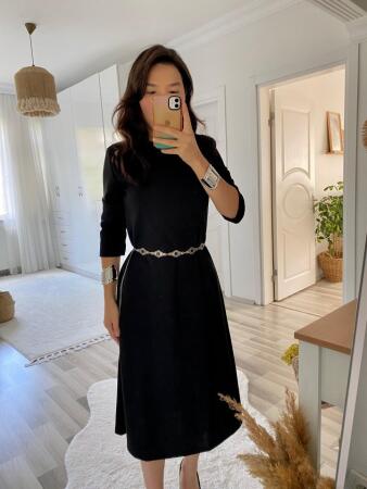 Kadın Uzun Kollu Bisiklet Yaka Midi Ithal Krep Elbise - 8