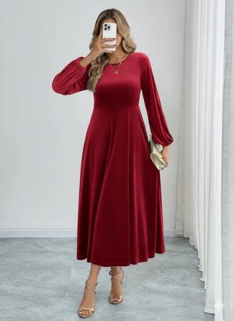 Kadın Uzun Kollu Bisiklet Yaka Midi Kadife Elbise - 4
