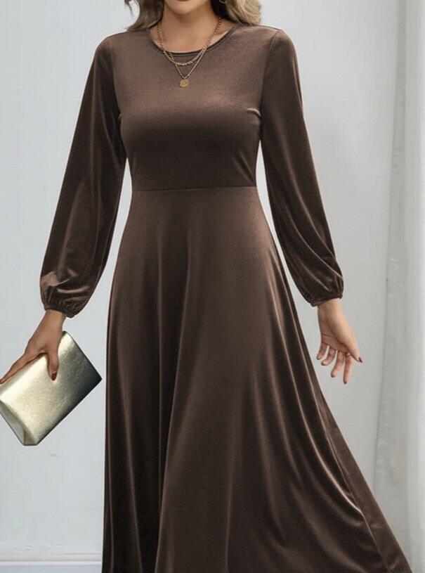 Kadın Uzun Kollu Bisiklet Yaka Midi Kadife Elbise - 2