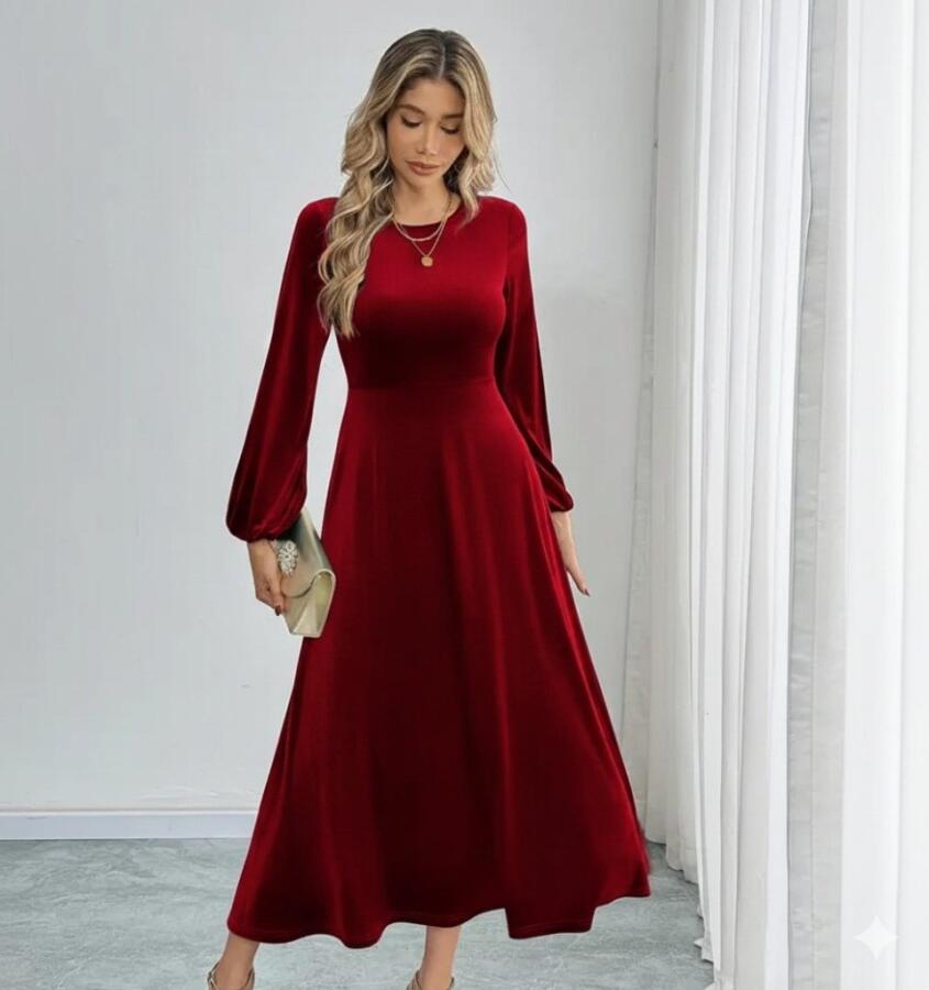 Angelino Kadın Uzun Kollu Bisiklet Yaka Midi BORDO Kadife Elbise - 3