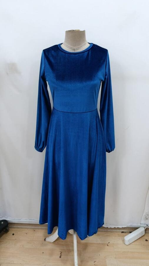 Kadın Uzun Kollu Bisiklet Yaka Midi Kadife Mavi Elbise - 4
