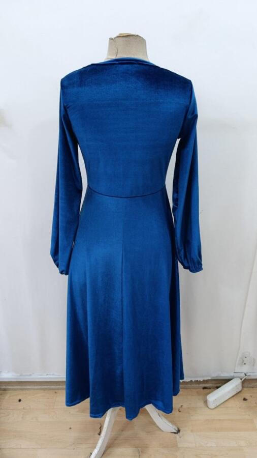 Angelino Kadın Uzun Kollu Bisiklet Yaka Midi MAVİ Kadife Elbise - 5