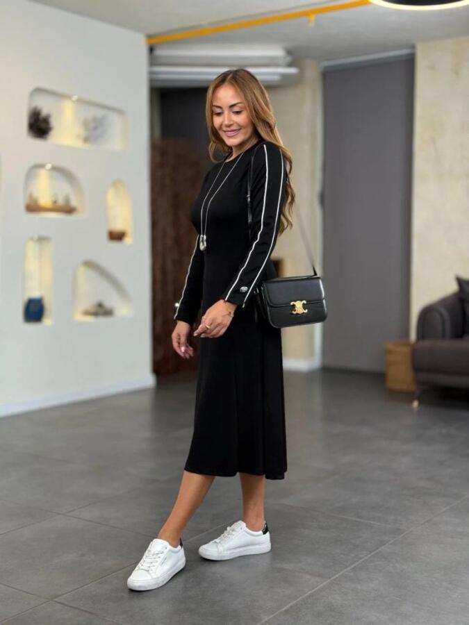 Kadın Uzun Kollu Bisiklet Yaka Midi Modal Elbise - 2