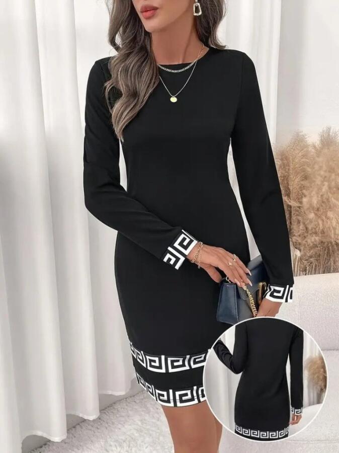 Kadın Uzun Kollu Bisiklet Yaka Mini Ithal Krep Elbise - 5