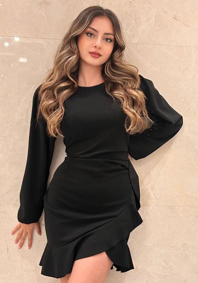 Kadın Uzun Kollu Bisiklet Yaka önden Volanlı Ithal Krep Elbise - 11