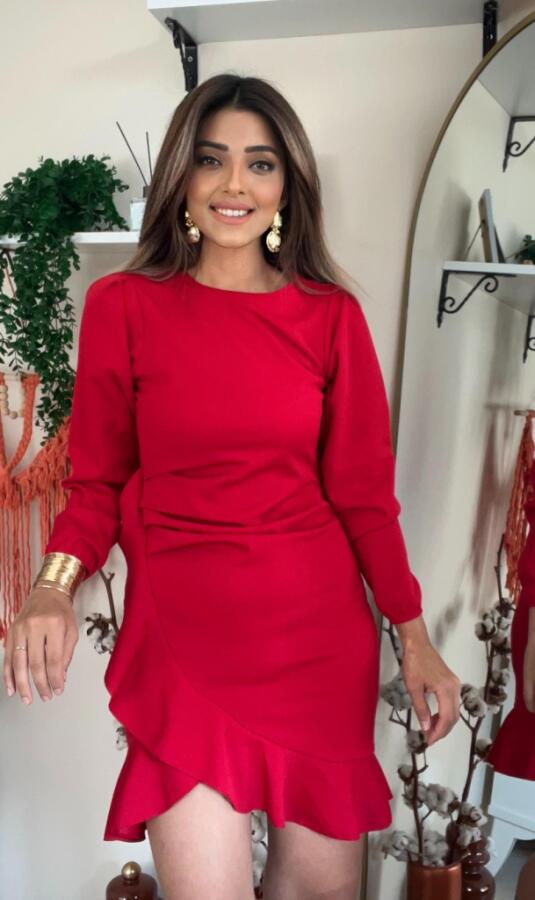 Kadın Uzun Kollu Bisiklet Yaka önden Volanlı Ithal Krep Elbise - 10