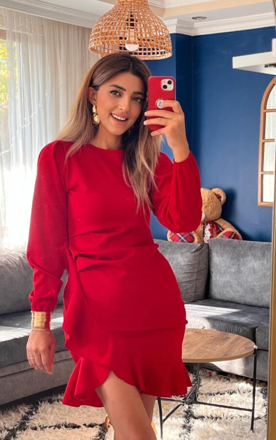 Kadın Uzun Kollu Bisiklet Yaka önden Volanlı Ithal Krep Elbise - 11