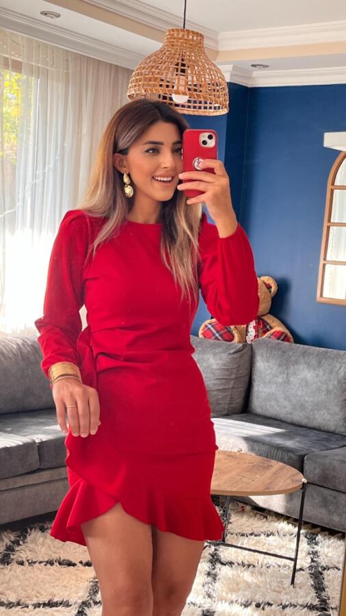 Kadın Uzun Kollu Bisiklet Yaka önden Volanlı Ithal Krep Elbise - 13