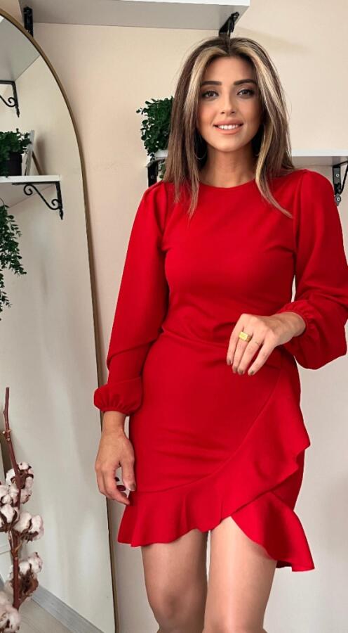 Kadın Uzun Kollu Bisiklet Yaka önden Volanlı Ithal Krep Elbise - 15