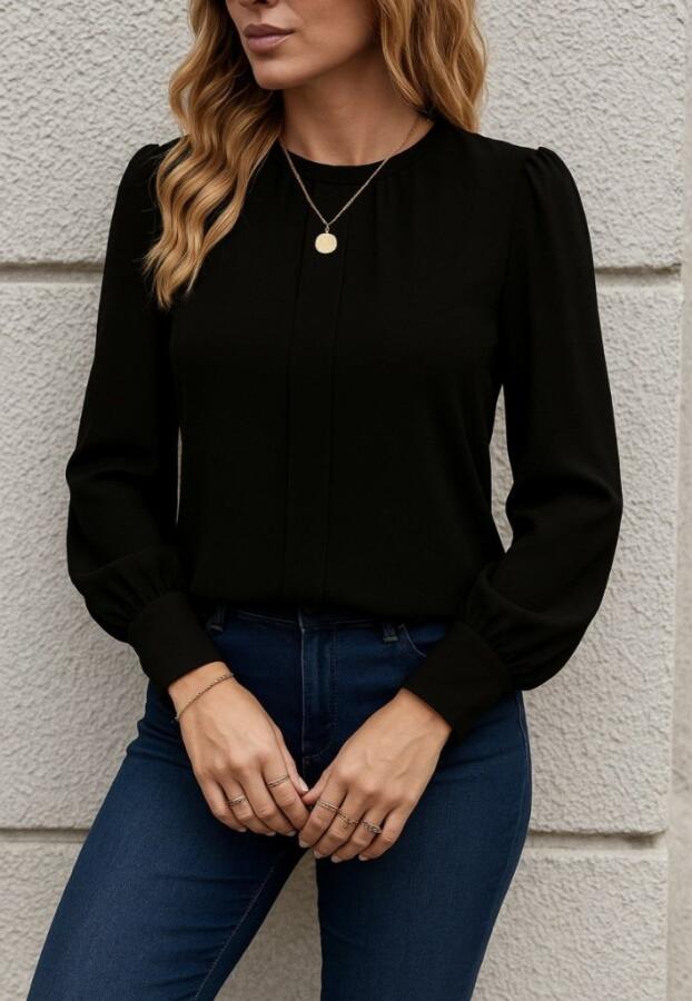 Kadın Uzun Kollu Bisiklet Yaka Pileli Ithal Krep Bluz - 1