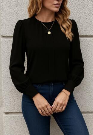 Kadın Uzun Kollu Bisiklet Yaka Pileli Ithal Krep Bluz - 3