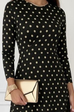 Kadın Uzun Kollu Bisiklet Yaka Puantiyeli örme Krep Midi Elbise - ANGELINO BuyukBedeniz (1)