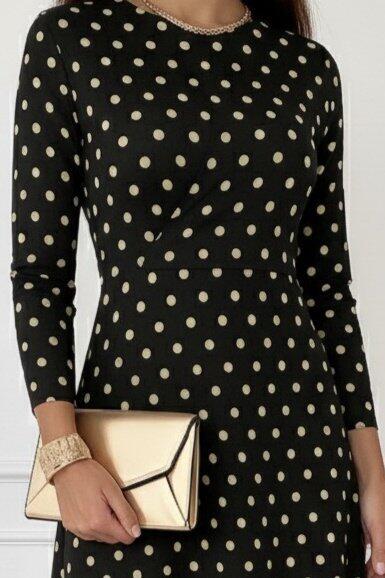 Kadın Uzun Kollu Bisiklet Yaka Puantiyeli örme Krep Midi Elbise - 2