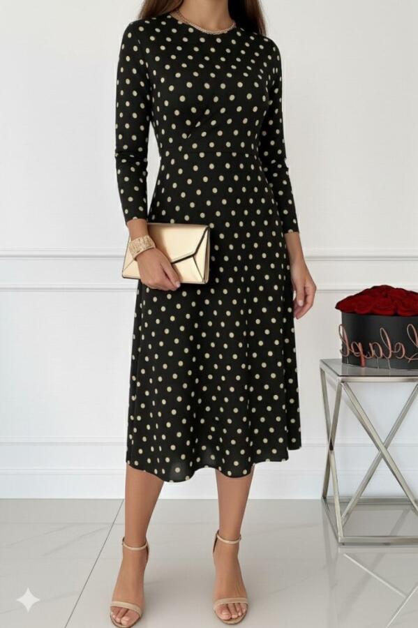 Kadın Uzun Kollu Bisiklet Yaka Puantiyeli örme Krep Midi Elbise - 3