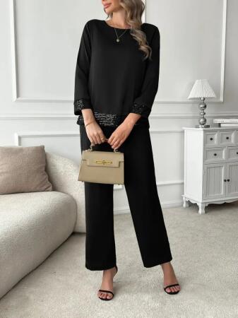 Kadın Uzun Kollu Bisiklet Yaka Pulpayetli Viskon Iki Iplik Bluz Ve Pantolon Ikili Takım - 3