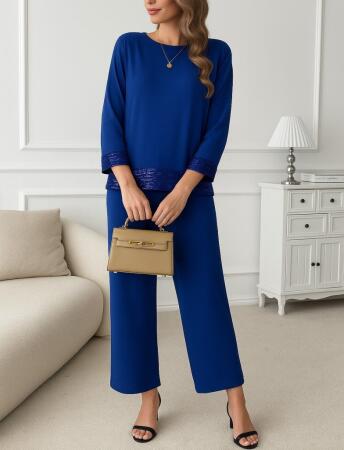 Kadın Uzun Kollu Bisiklet Yaka Pulpayetli Viskon Iki Iplik Bluz Ve Pantolon Ikili Takım - 3