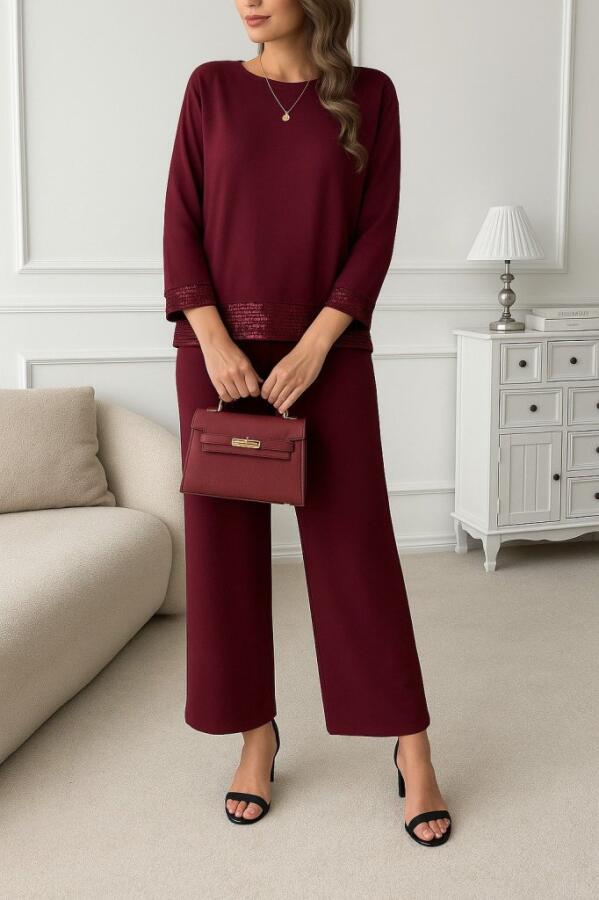 Kadın Uzun Kollu Bisiklet Yaka Pulpayetli Viskon Iki Iplik Bluz Ve Pantolon Ikili Takım - 3