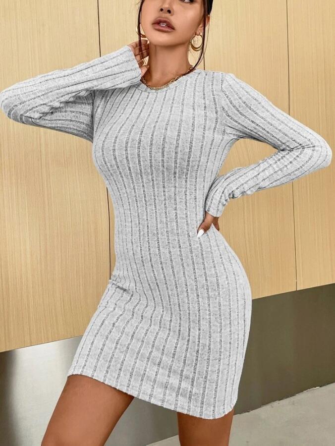 Kadın Uzun Kollu Bisiklet Yaka şardonlu Kalın Fitilli Kaşkorse Mini Boy Elbise - 6