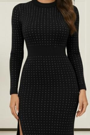 Kadın Uzun Kollu Bisiklet Yaka Taşlı Midi Kadife Elbise - ANGELINO BuyukBedeniz (1)