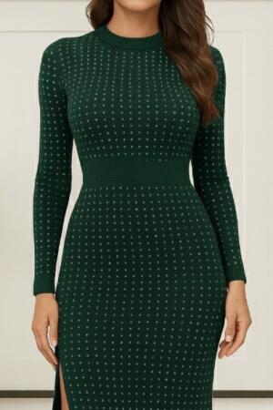 Kadın Uzun Kollu Bisiklet Yaka Taşlı Midi Kadife Elbise - ANGELINO BuyukBedeniz (1)