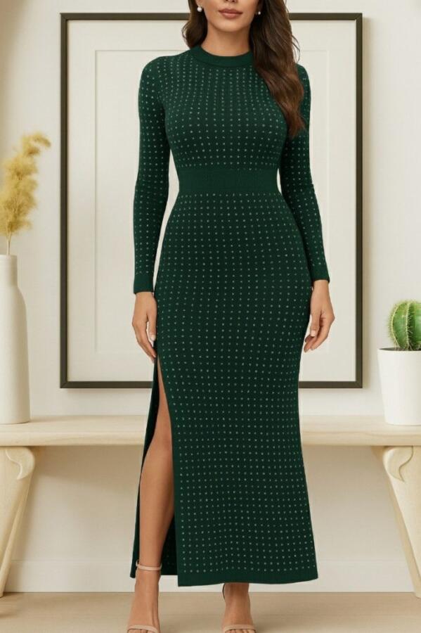 Kadın Uzun Kollu Bisiklet Yaka Taşlı Midi Kadife Elbise - 3