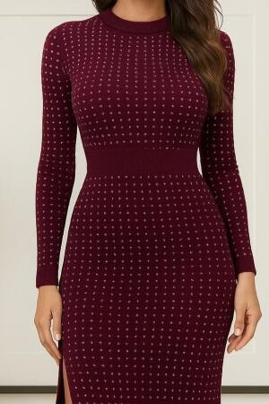 Kadın Uzun Kollu Bisiklet Yaka Taşlı Midi Kadife Elbise - ANGELINO BuyukBedeniz (1)