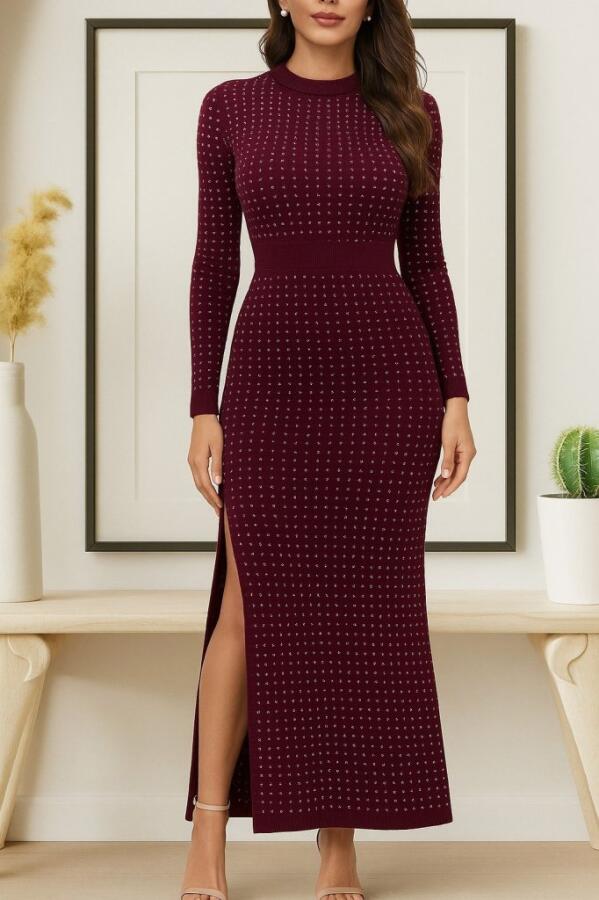 Kadın Uzun Kollu Bisiklet Yaka Taşlı Midi Kadife Elbise - 3
