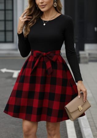 Kadın Uzun Kollu Bisiklet Yaka üst Viskon Alt Ekose Kısa Elbise - ANGELINO BuyukBedeniz