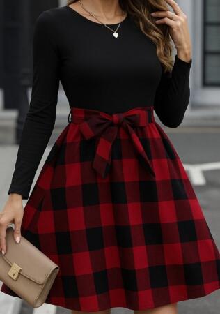 Kadın Uzun Kollu Bisiklet Yaka üst Viskon Alt Ekose Kısa Elbise - ANGELINO BuyukBedeniz (1)