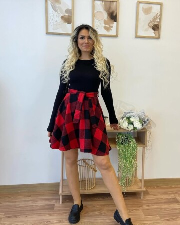 Kadın Uzun Kollu Bisiklet Yaka üst Viskon Alt Ekose Kısa Elbise - 2