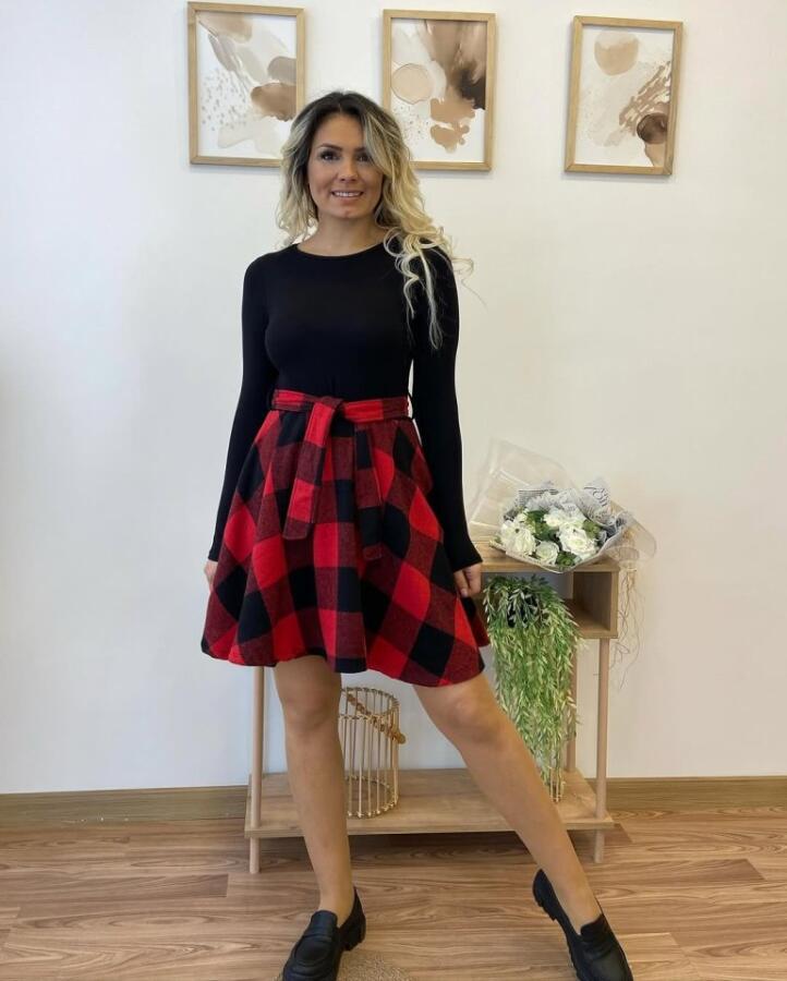 Kadın Uzun Kollu Bisiklet Yaka üst Viskon Alt Ekose Kısa Elbise - 4